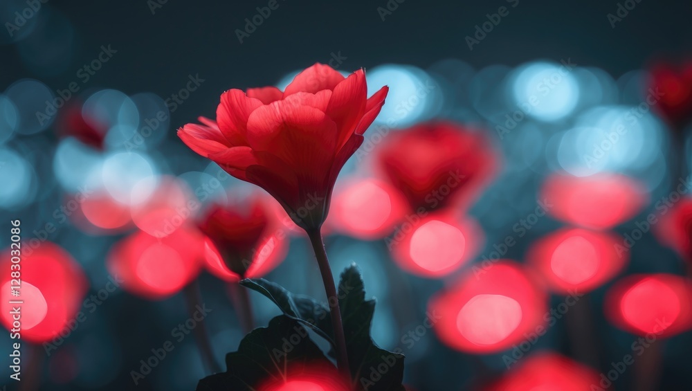 Poster red flower with soft petals surrounded by a bokeh background of glowing light circles featuring shad