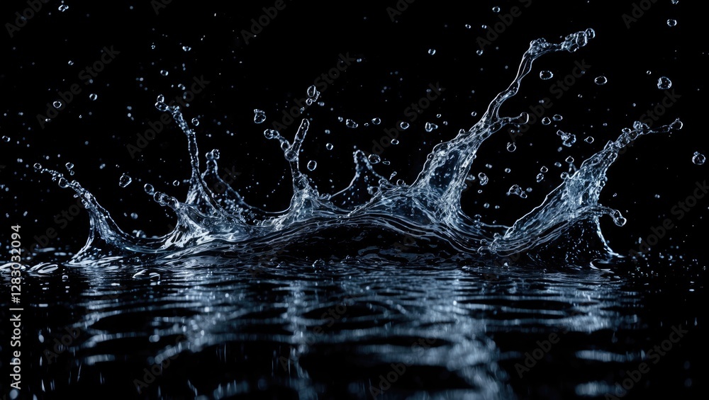 Poster water splash on dark background creating dynamic droplets and ripples in the surface. high contrast 