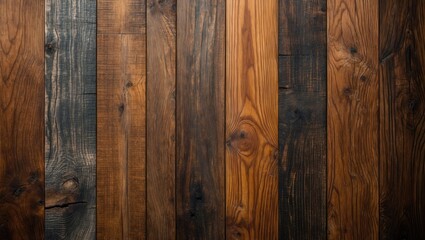 Naklejka premium Wooden wall panels with varying textures and colors showcasing a natural wood finish in rich browns and blacks