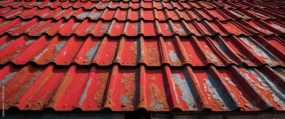 Poster rusty red metal roof tiles in a worn condition with visible peeling paint and corrosion in a pattern
