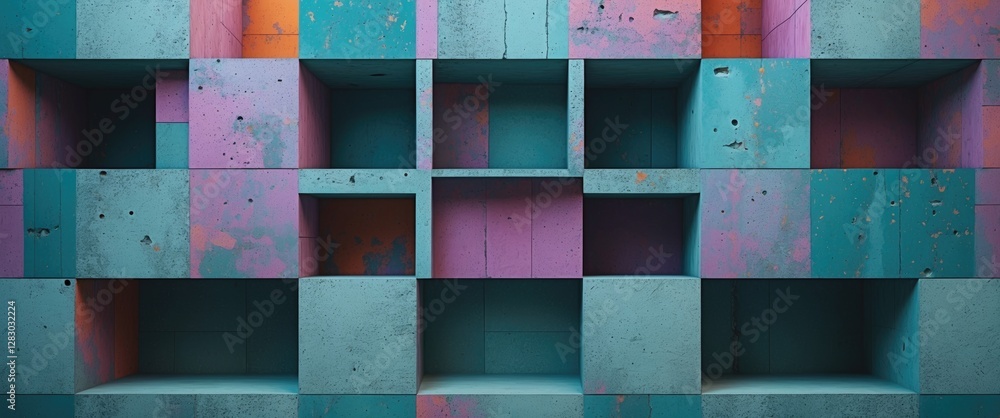 Poster abstract concrete wall with colorful textured blocks in pink, teal, and orange in a rectangular layo