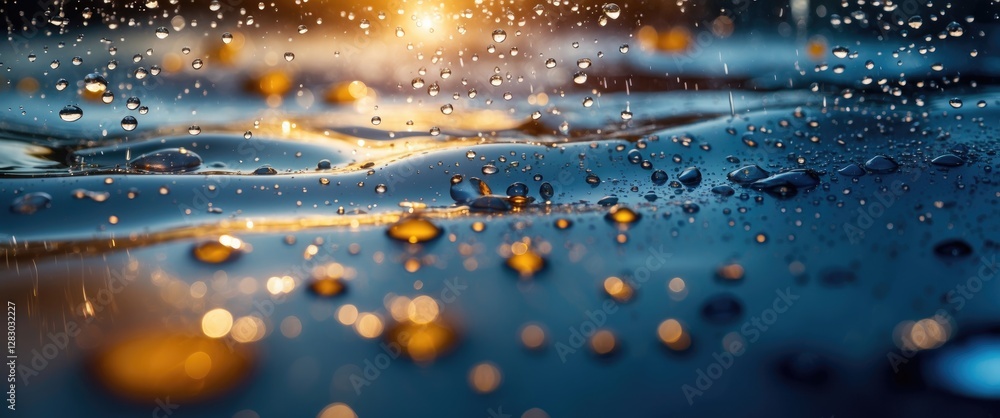 Poster water droplets on surface with shimmering reflections and soft sunlight bokeh effect creating a tran
