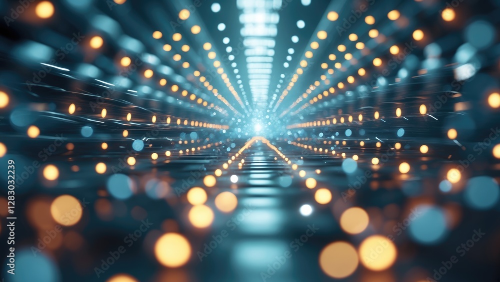 Poster abstract light tunnel with glowing orbs in perspective creating a sense of depth and motion in dark 