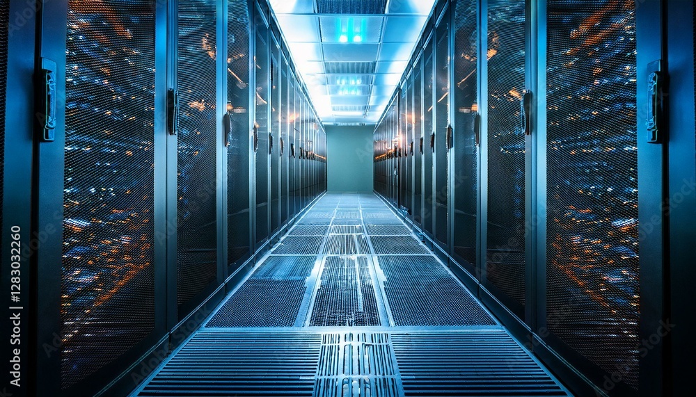 Poster server racks in server room data center. generated image