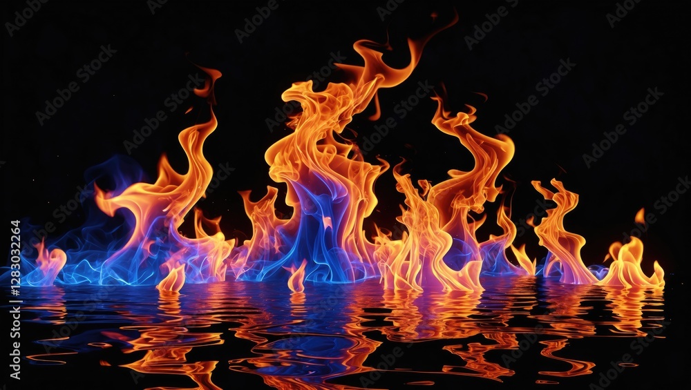 Aufkleber colorful flames reflected on dark water surface on black background creating vibrant visual contrast