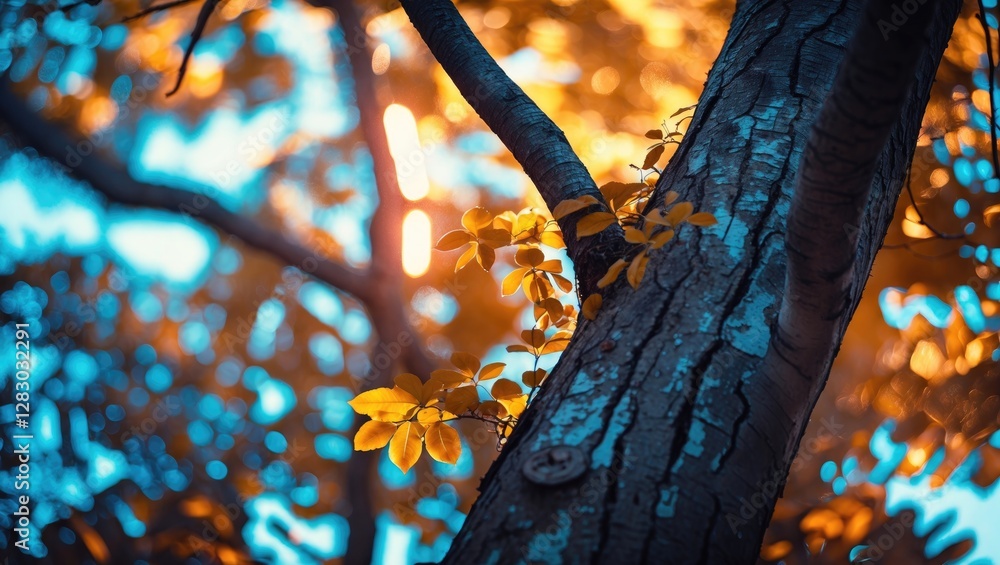 Poster close-up view of tree trunk with vibrant leaves and sunlight filtering through foliage in contrastin