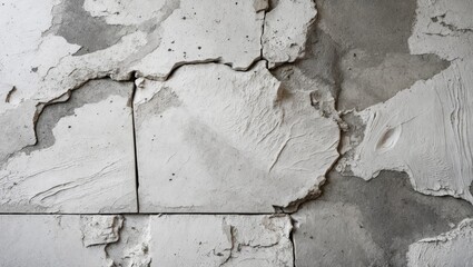 Obraz premium Textured cracked wall surface with peeling plaster and irregular patterns in muted gray and white tones