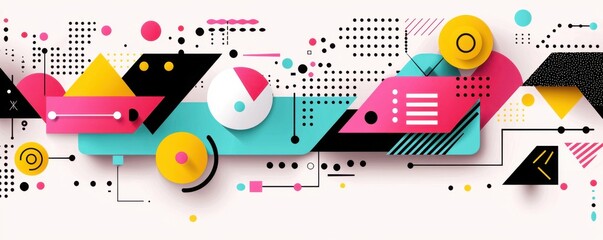 Obraz premium A vibrant, abstract design featuring geometric shapes in pink, yellow, black, and turquoise, combined with dots and lines for a modern look.
