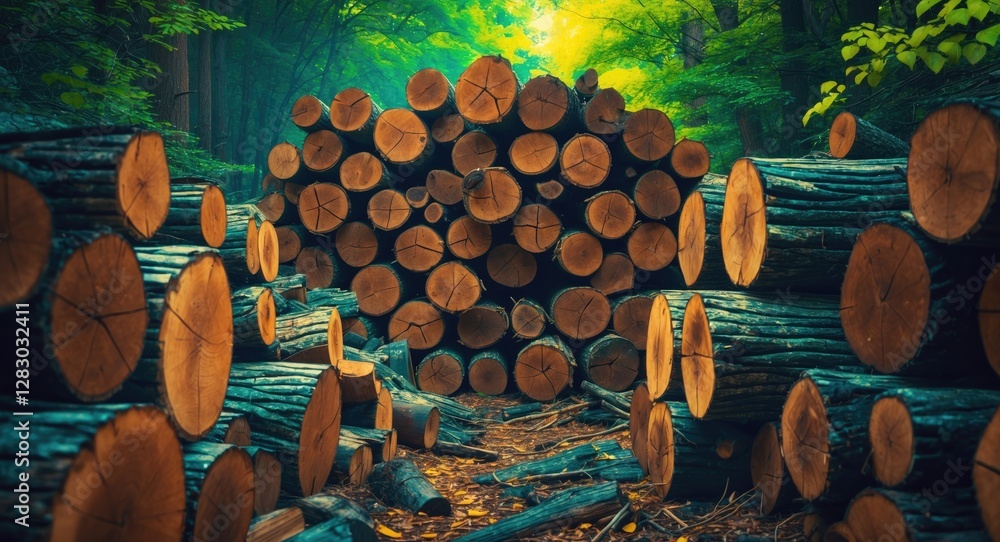 Aufkleber wood logs stacked in a lush green forest with sunlight filtering through trees creating a serene atm