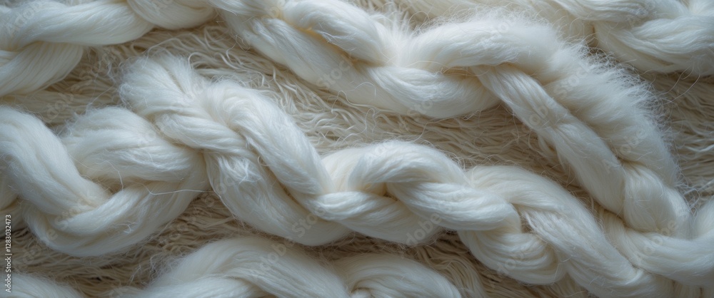 Poster close-up of textured white braided fibers with soft fuzzy material background for textile and craft 