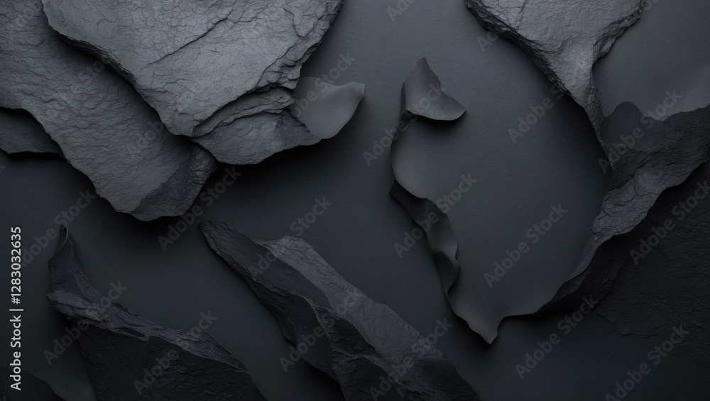Poster textured black rock surface with angular layers and shadows creating a three-dimensional appearance 