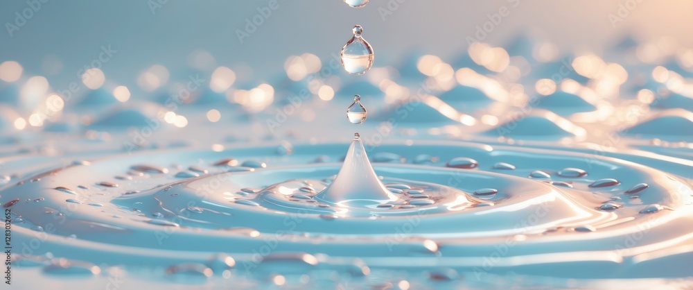 Poster close-up of water droplets creating ripples on a smooth surface with soft light reflections and a bl
