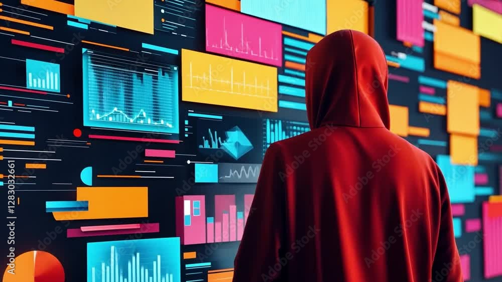 Poster cybersecurity enigma: a cloaked figure, back to viewer, appears immersed in a dynamic digital displa