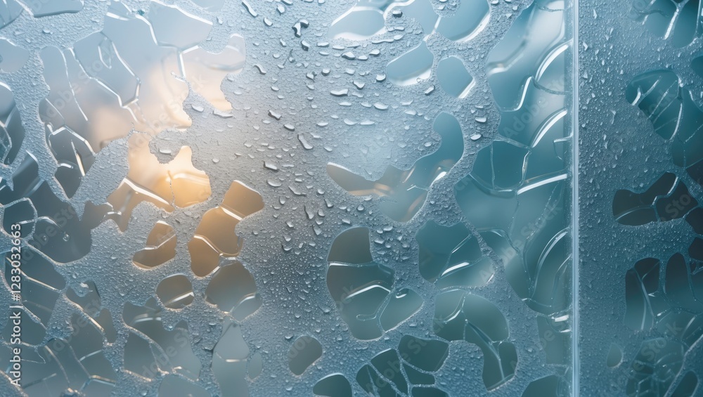 Poster textured frosted glass surface with water droplets creating a blurred abstract background and soft l