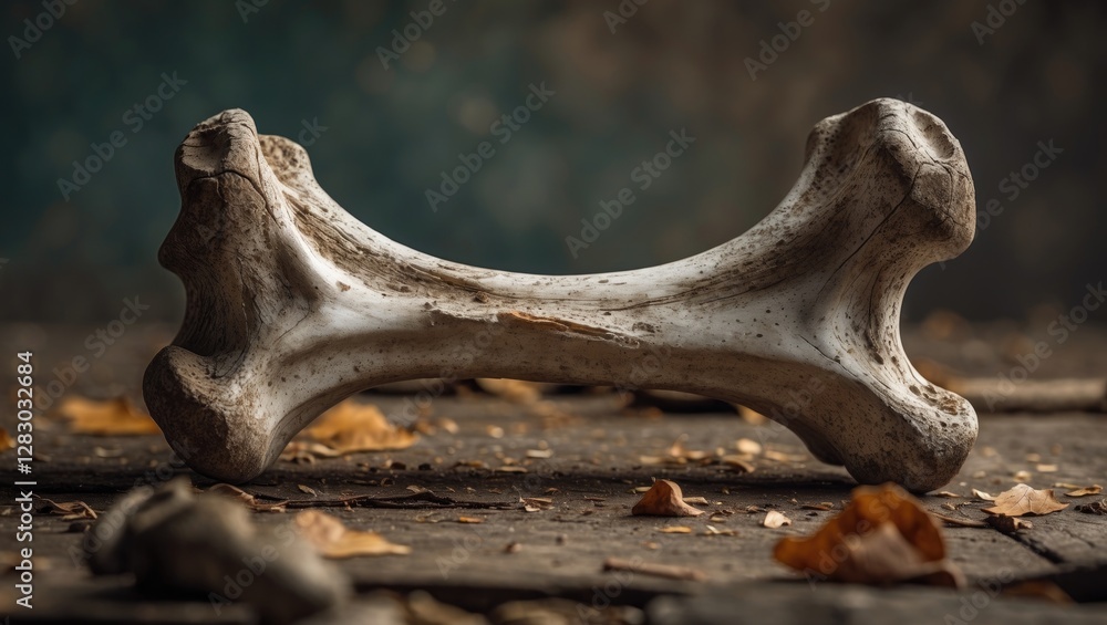 Aufkleber bone shaped object on a rustic wooden surface with dry leaves and a blurred colorful background