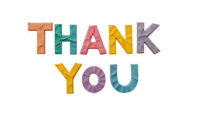 Fun, colorful paper letters that create the words "Thank You," placed on a white surface and in a transparent PNG style. - Powered by Adobe