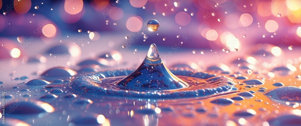 Poster water droplet creating a splash in a colorful blurred background with bokeh effect and reflective su