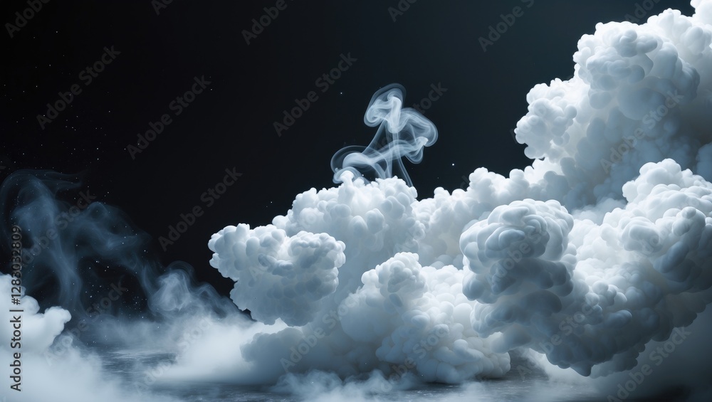 Poster dense white cumulus clouds with swirling smoke patterns against a dark background creating a dramati