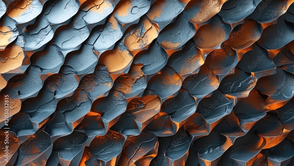 Poster abstract textured background with overlapping scales in blue and orange tones, emphasizing depth and