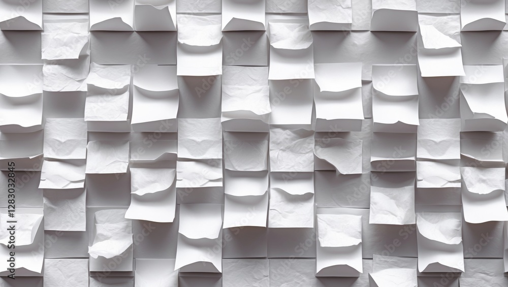 Poster textured background of wrinkled white paper sheets arranged in a grid pattern creating a visually in