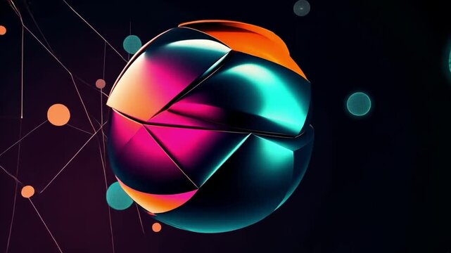 Orbital Abstraction: An abstract design featuring a spherical object composed of fragmented segments, bathed in vibrant hues of neon pink, teal, and orange.