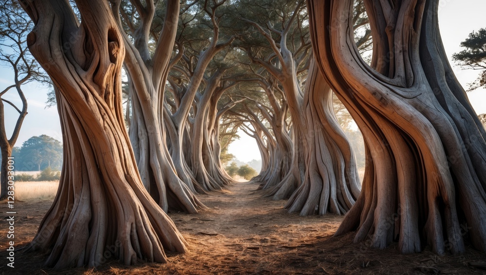 Poster twisted trees forming a natural archway in a sunlit forest path creating a serene woodland scene wit