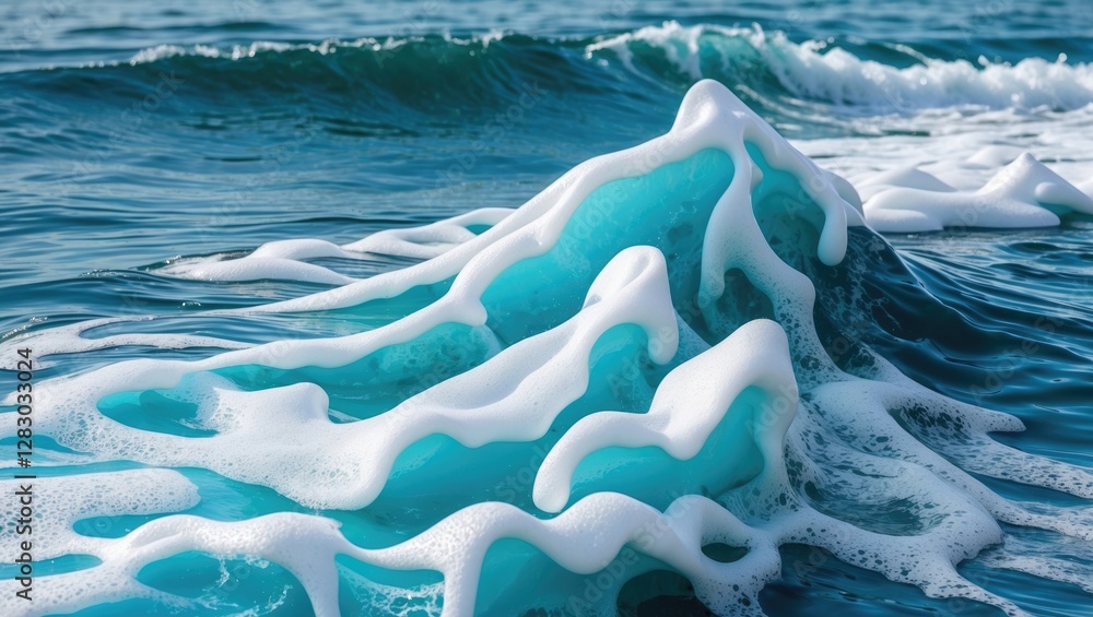 Poster ocean wave foam with turquoise color and distinct peaks against a background of rolling sea waves un