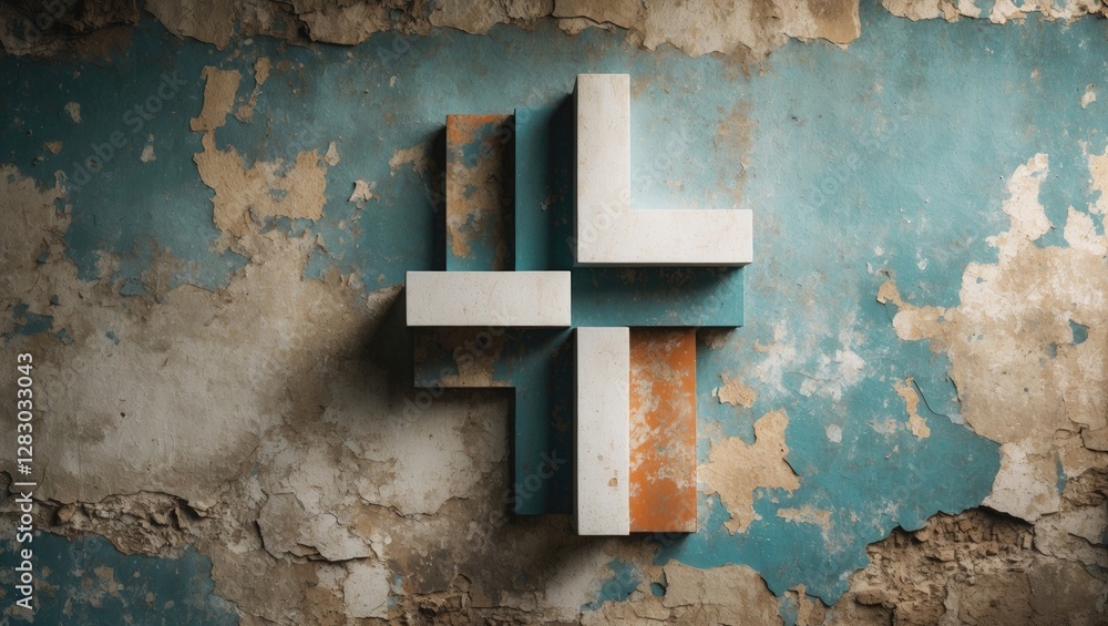 Poster abstract geometric shape composed of overlapping white and colored blocks on a textured distressed w