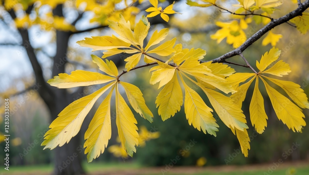 Poster yellow autumn leaves on a branch with a blurred background of trees in a natural setting.