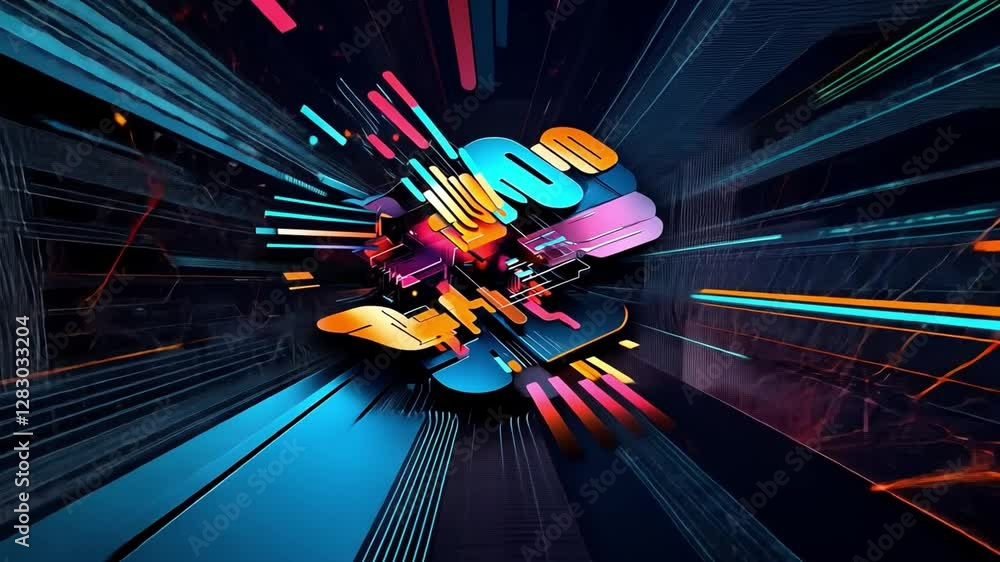 Poster vibrant tech fusion: a dynamic abstract composition, bursts forth with kaleidoscopic colors and futu