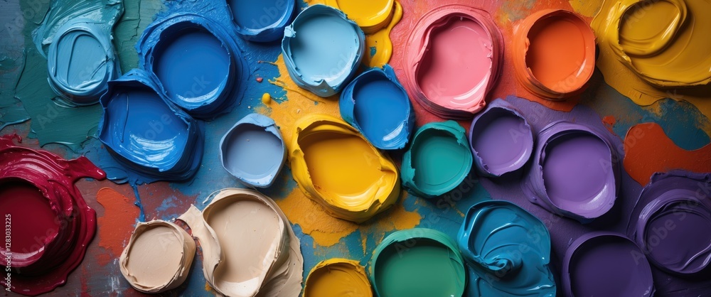 Poster vibrant array of paint samples in various colors arranged on a textured surface for artistic backgro