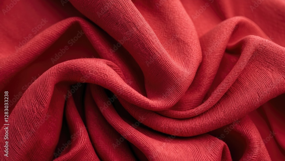 Poster red textile fabric close-up showing intricate folds and textures of the material in high detail and 