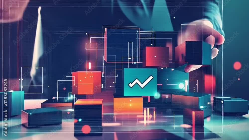Poster data analysis: a business professional meticulously builds and structures data, represented by color