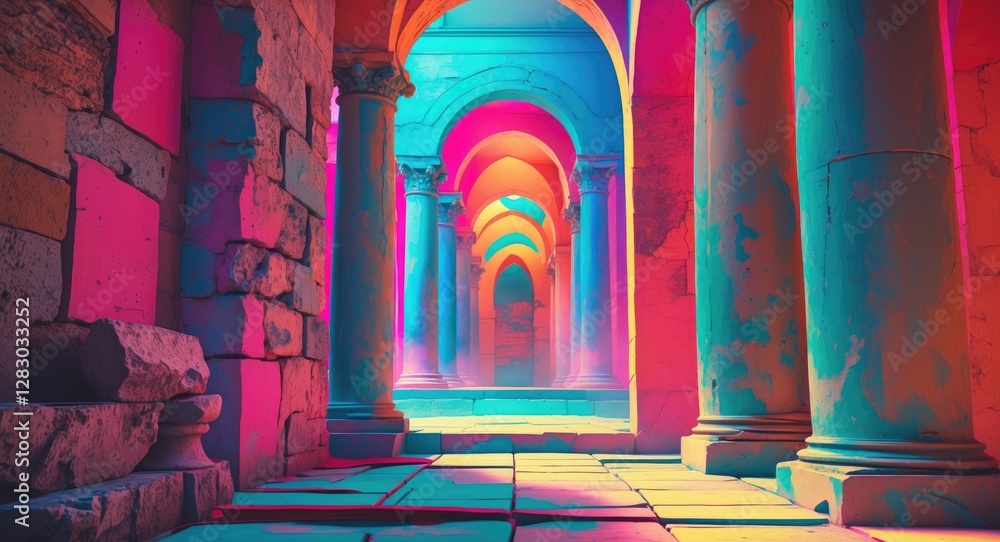 Poster colorful illuminated corridor with classical stone columns and arches in an abstract architectural e