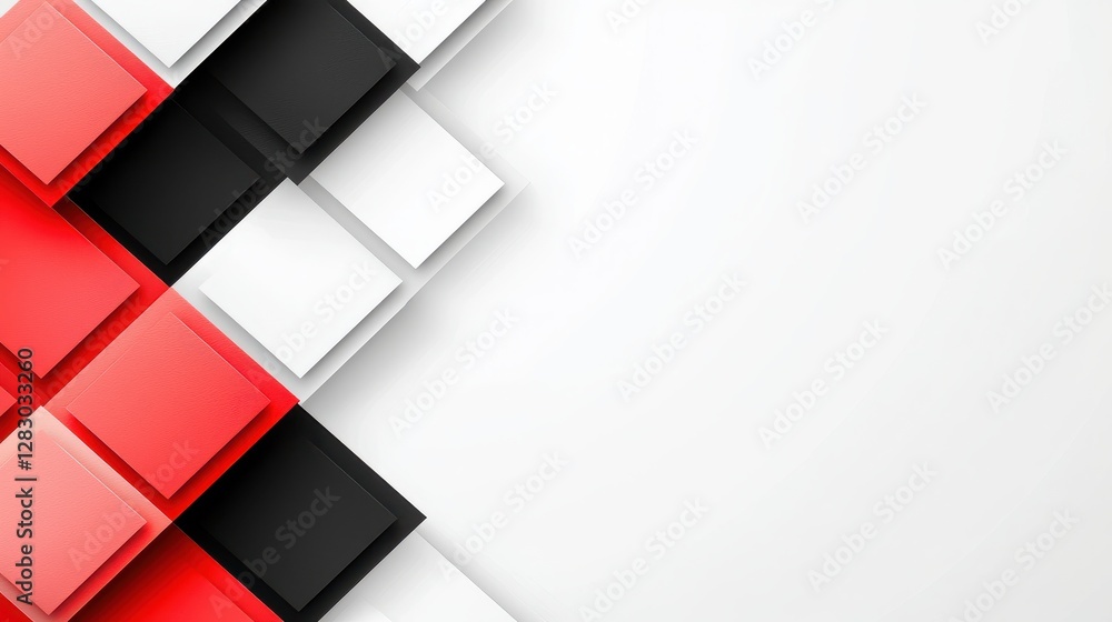 Poster a geometric design featuring intersecting red, black, and white blocks on a minimalistic background.