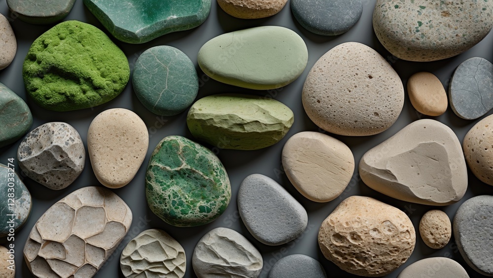 Aufkleber various colorful stones and pebbles in diverse shapes and textures arranged on a flat surface as a n