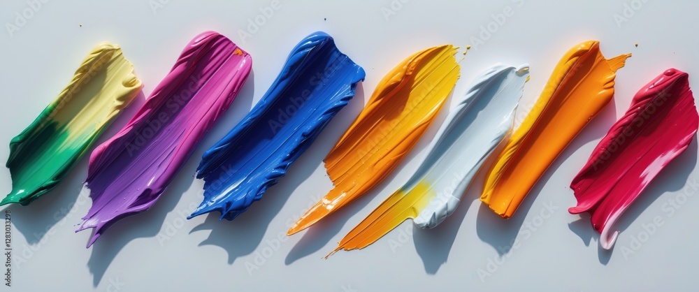 Poster colorful paint strokes on white surface arranged in a horizontal line with various hues and textures