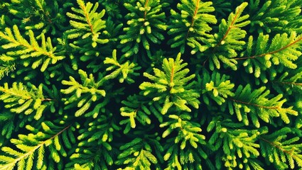 Dense green foliage of evergreen plants viewed from above highlighting the intricate texture and arrangement of the leaves.
