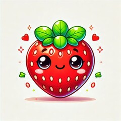 Obraz premium Cute anthropomorphic strawberry character with a smiling face and big eyes. 2D digital illustration in kawaii style. Fun food and children's illustration concept.