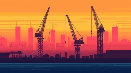 Fototapeta premium Cranes working the ocean for energy industrial concept. Dramatic Silhouette of Industrial Cranes Constructing a Skyline at Sunset