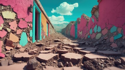 Colorful crumbling walls in a desert landscape with rocks and a blue sky featuring fluffy clouds natural environmental decay scene