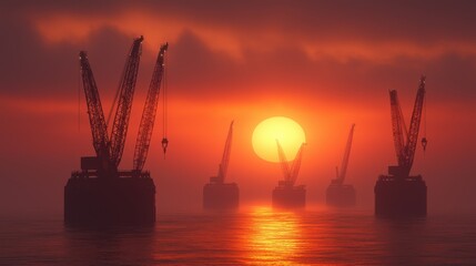 Obraz premium Cranes working the ocean for energy industrial concept. Dramatic Silhouetted Cranes at Sunset over Tranquil Seascape
