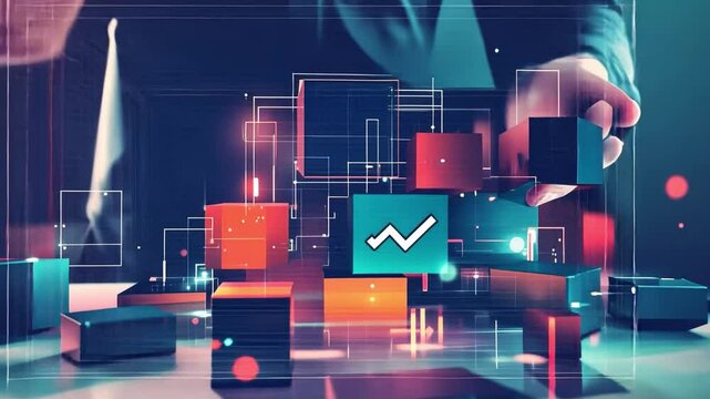 Data Analysis: a business professional meticulously builds and structures data, represented by colorful cubes, within a futuristic digital interface.