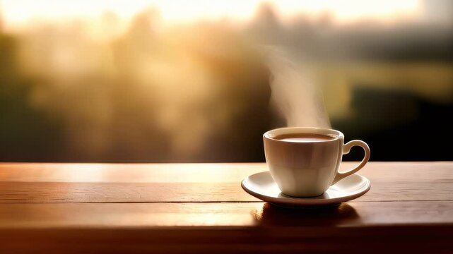 Cup of coffee on a saucer on a table, warm and inviting, steam rising, cozy and comforting atmosphere concept of relaxation, morning ritual, and simplicity

