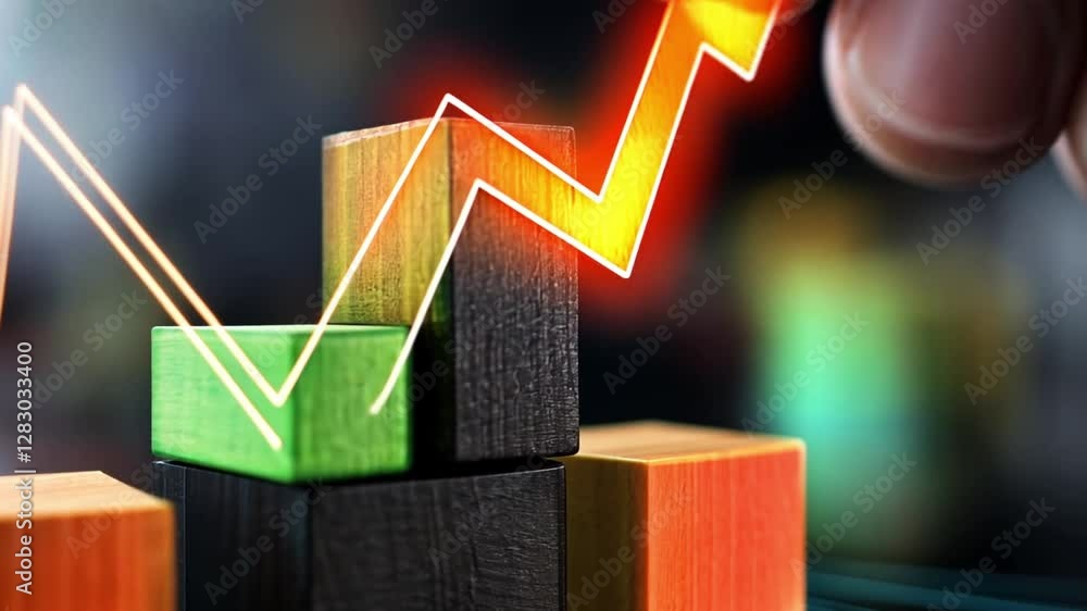 Poster growth trajectory: a dynamic upward-trending graph superimposed on a stack of wooden blocks symboliz