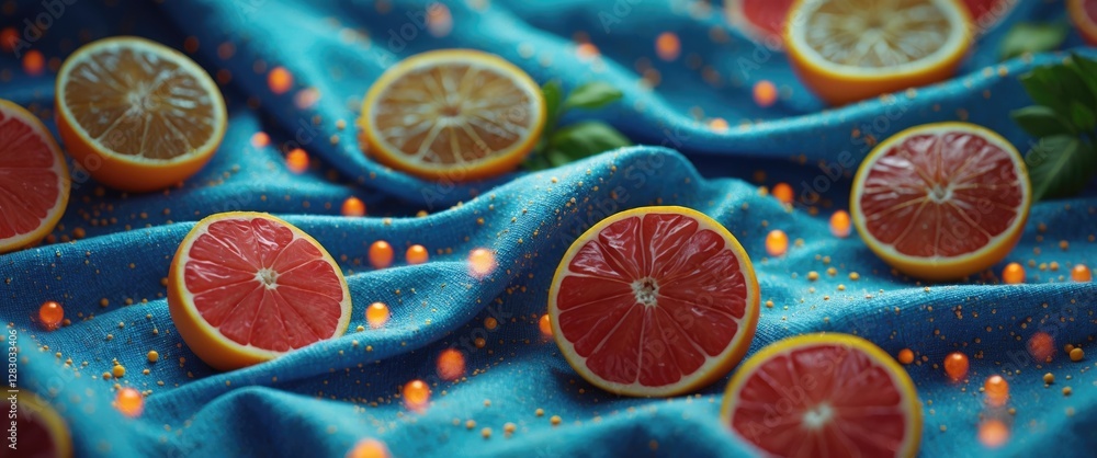 Aufkleber close-up of sliced citrus fruits including grapefruit and lemon on blue fabric background with decor