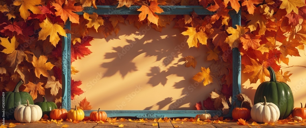 Poster autumn themed background with colorful leaves and pumpkins in front of an empty turquoise frame on w