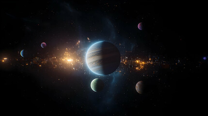 Pixelated Planets And Stars In The Outer Space Against A Dark Blue And Glowing Universe