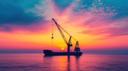 Obraz premium Cranes working the ocean for energy industrial concept. Dramatic Sunset Over Industrial Crane Laden Barge in Harbor Landscape