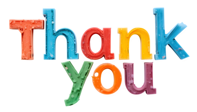 Fun, colorful paper letters that create the words "Thank You," placed on a white surface and in a transparent PNG style.